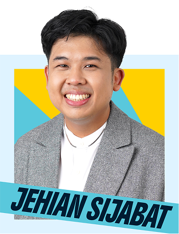 Smiling man in a gray blazer over a white top, with a blue ribbon across the chest reading 'JEHIAN SIJABAT' and a colorful geometric background behind him.