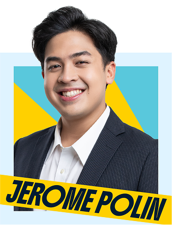 Smiling man in a dark suit and white shirt posing for a portrait, with a colorful geometric background and a yellow banner reading JEROME POLIN.