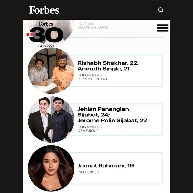 Gambar Jehian Sijabat dan Jerome Polin sebagai Honoree Forbes Asia 30 Under 30 tahun 2021 (Sumber: Instagram @jehianps)