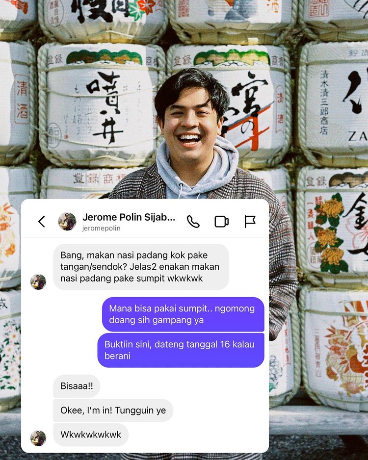 Gambar Interaksi Jerome Polin dan Arief Muhammad terkait Challenge Makan Nasi Padang Pakai Sumpit (Sumber: Instagram @ariefmuhammad)