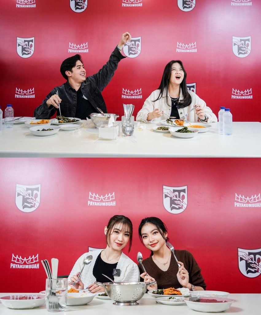 Gambar Jerome Polin dan Christy JKT48, beserta Dua Anggota JKT48 pada Pertandingan Makan Nasi Padang yang dilaksanakan oleh Arief Muhammad (Sumber: Instagram @ariefmuhammad)