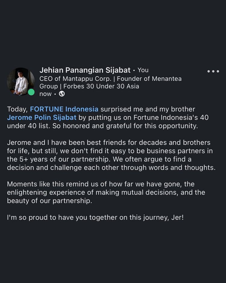 Gambar Apresiasi Jehian Sijabat atas Prestasi sebagai Awardee Fortune Indonesia's 40 Under 40 tahun 2023 (Sumber: Instagram @jehianps)