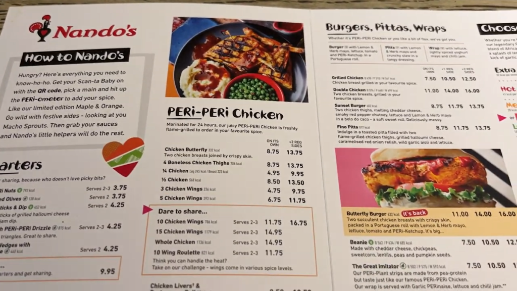 Gambar Menu dari Restoran Nando’s di Edinburgh, Skotlandia, UK (Sumber: Youtube Talent)