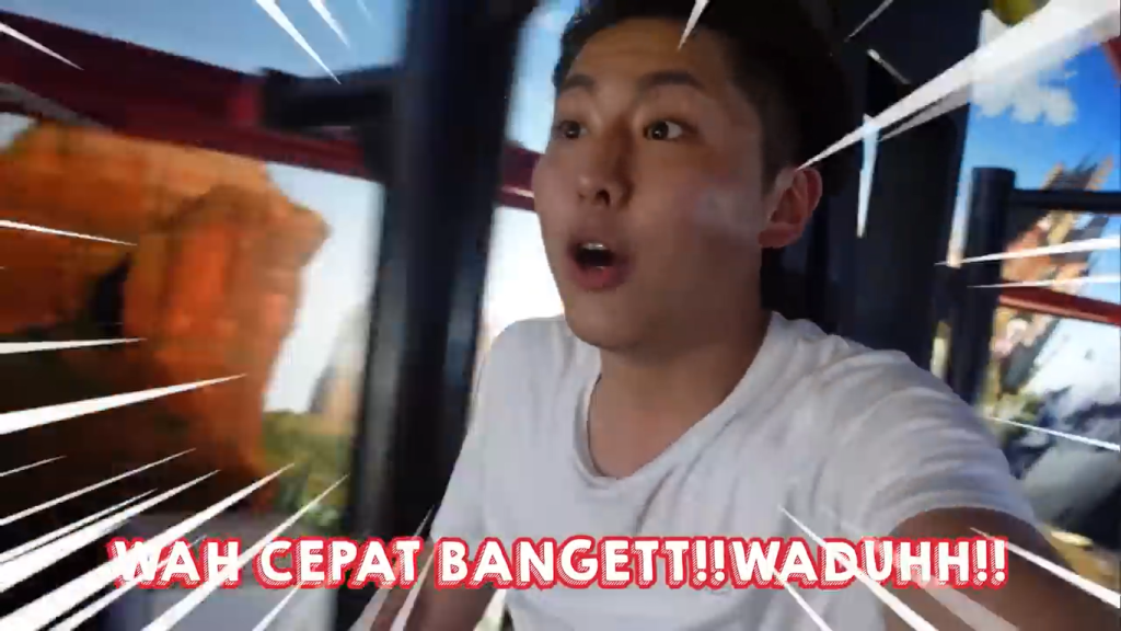 Gambar Tomo saat Naik Wahana Max Madness Road Rage Wasteland Escape di Trans Studio Bali (Sumber: Youtube Talent)