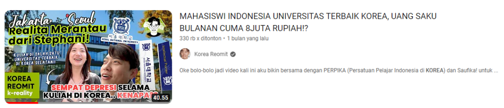 Gambar Contoh Segmen "#RealitaMerantau" di Kanal Youtube Korea Reomit (Sumber: Youtube Talent)