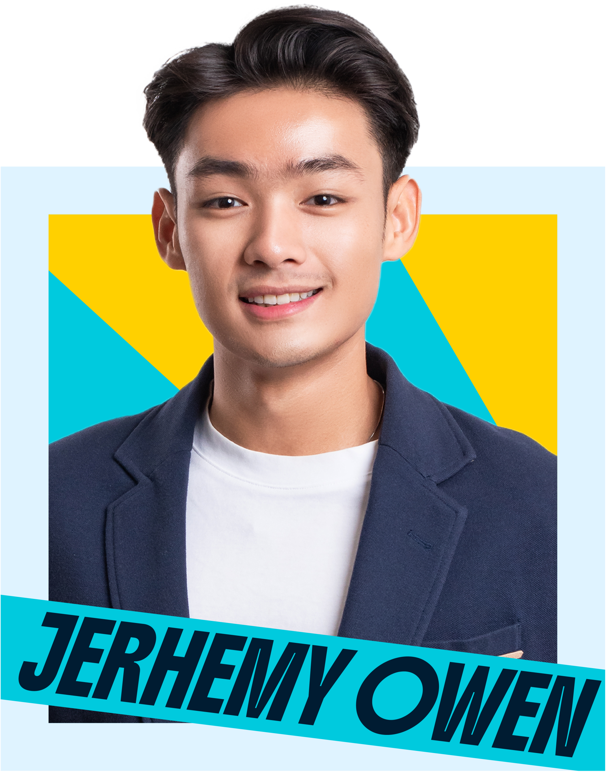 Portrait of a smiling man in a navy blazer and white shirt, with a bright geometric blue and yellow backdrop and a diagonal cyan banner crossing the lower portion with bold black text (partially legible).
