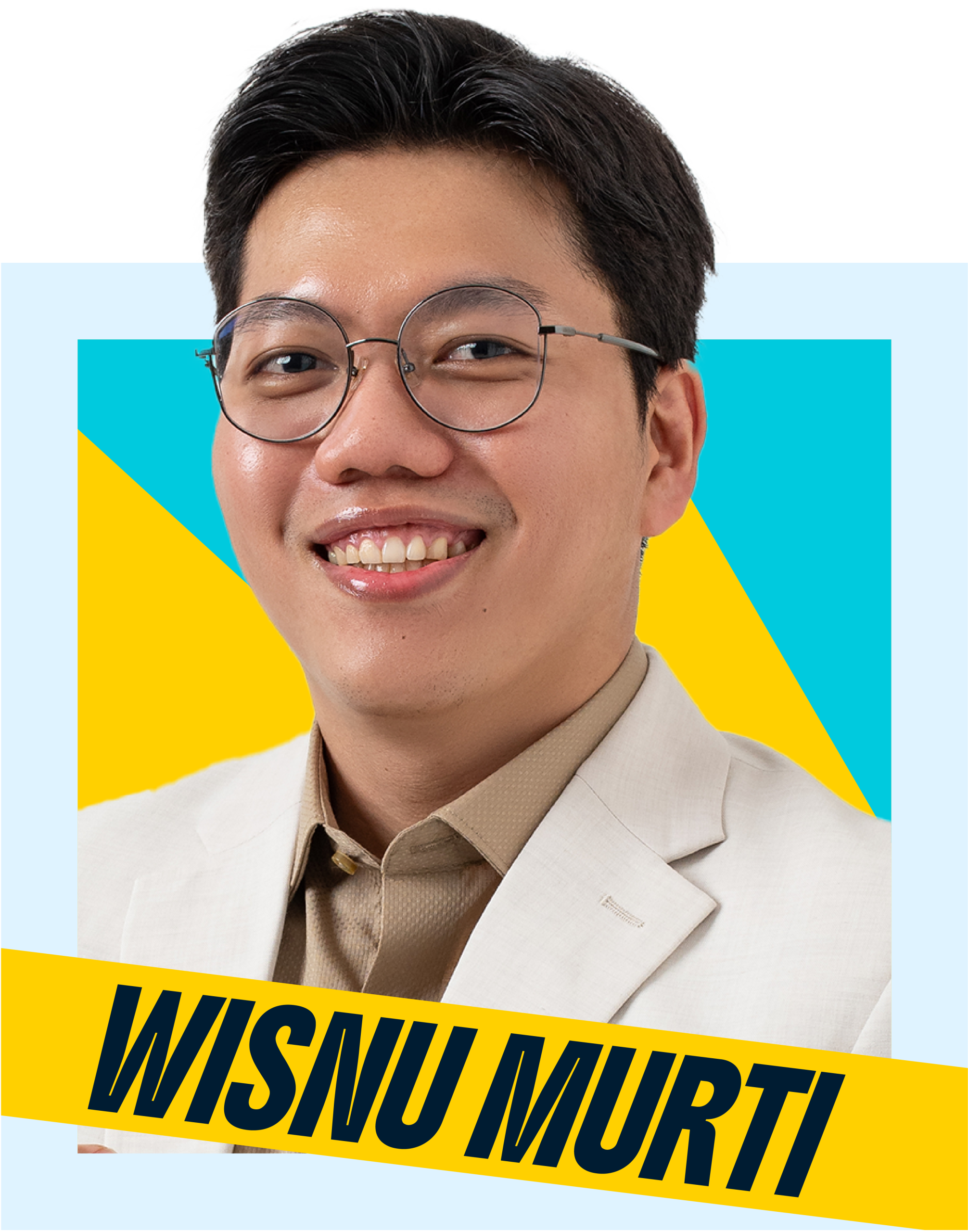 Close-up portrait of a smiling man wearing round glasses and a beige suit on a bright geometric poster backdrop.