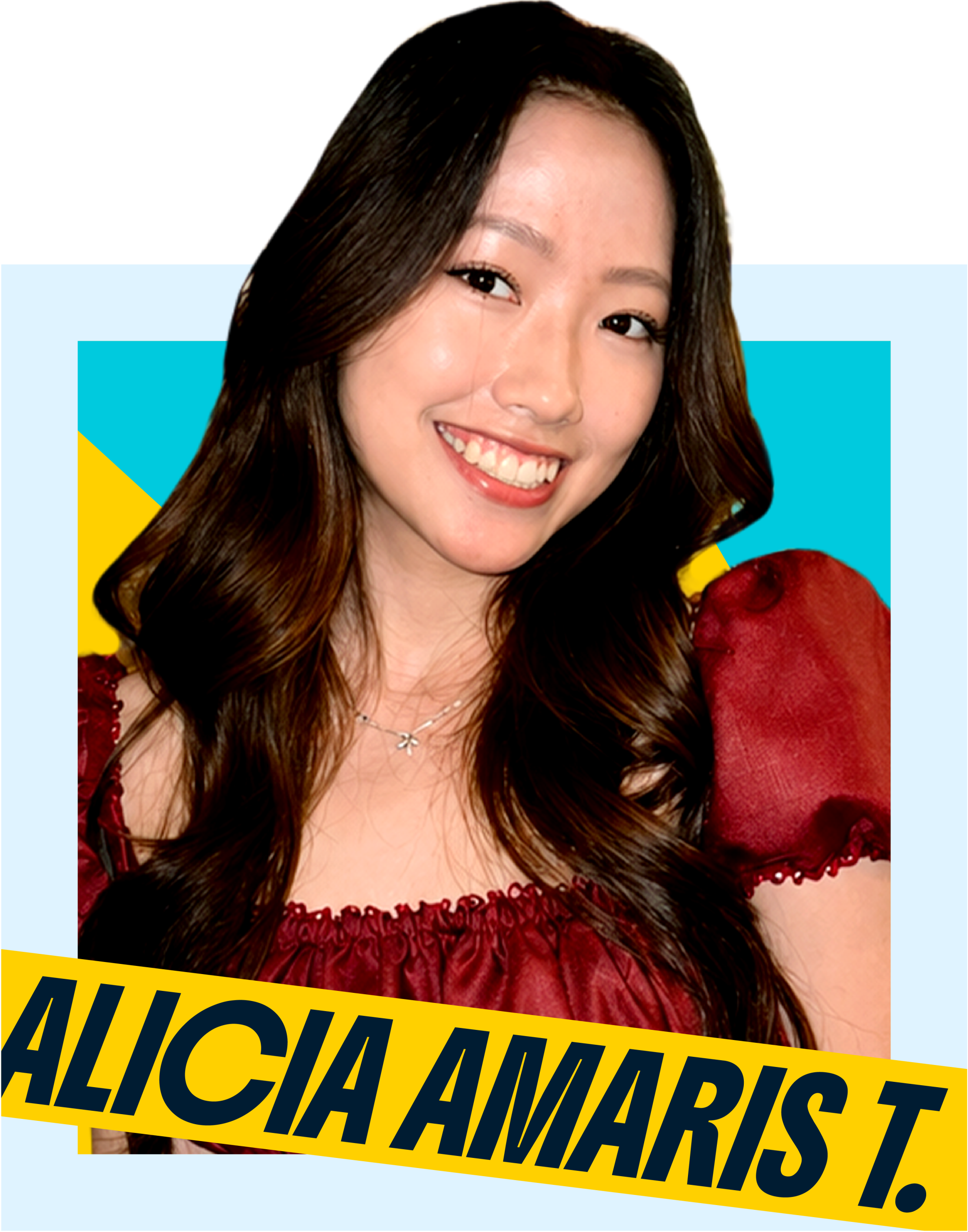 Smiling woman with long dark hair on a bright geometric poster background; a yellow banner with bold black text crosses the image.