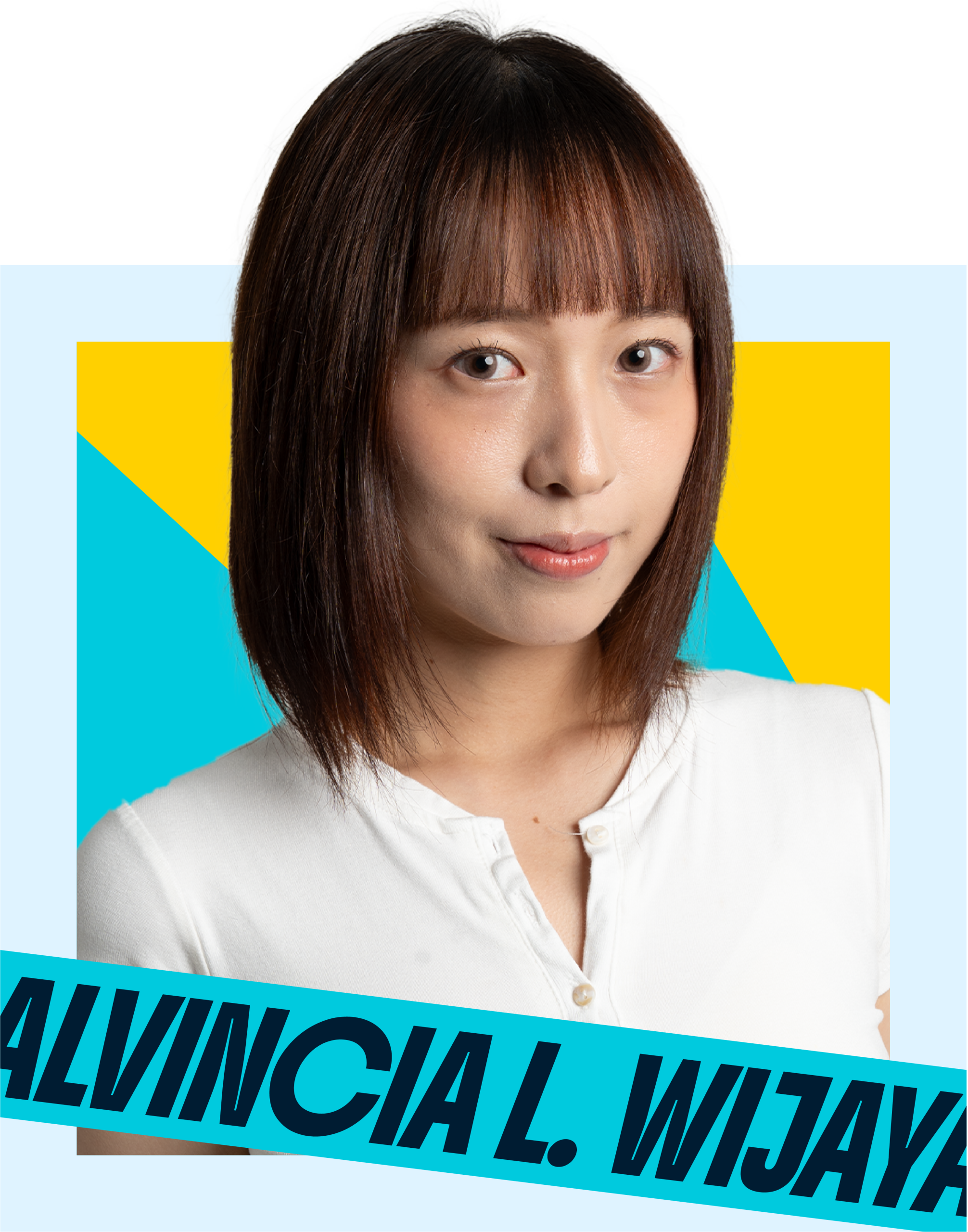 Close-up portrait of a woman with brown hair and bangs wearing a white shirt, overlaid with bright blue and yellow geometric shapes and a bold blue diagonal banner across the lower part containing large black text (partial visible).