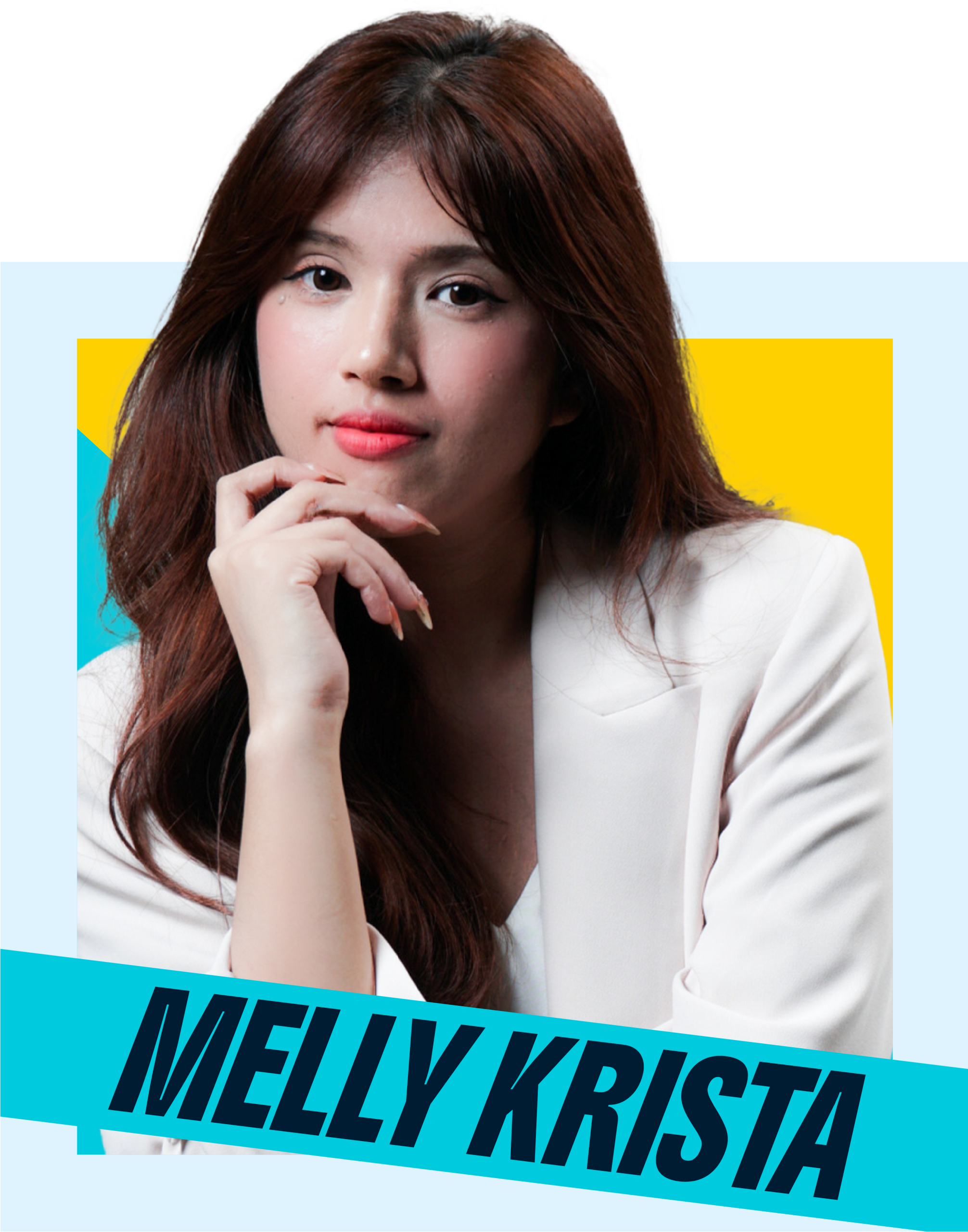 Portrait of a woman with long brown hair in a white blazer, set against a light blue background with bright yellow and teal geometric shapes and a diagonal blue band reading MELLYKRISTA.