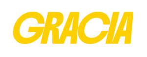 GRECIA logo: bold, italic yellow lettering on a black background as a brand mark.